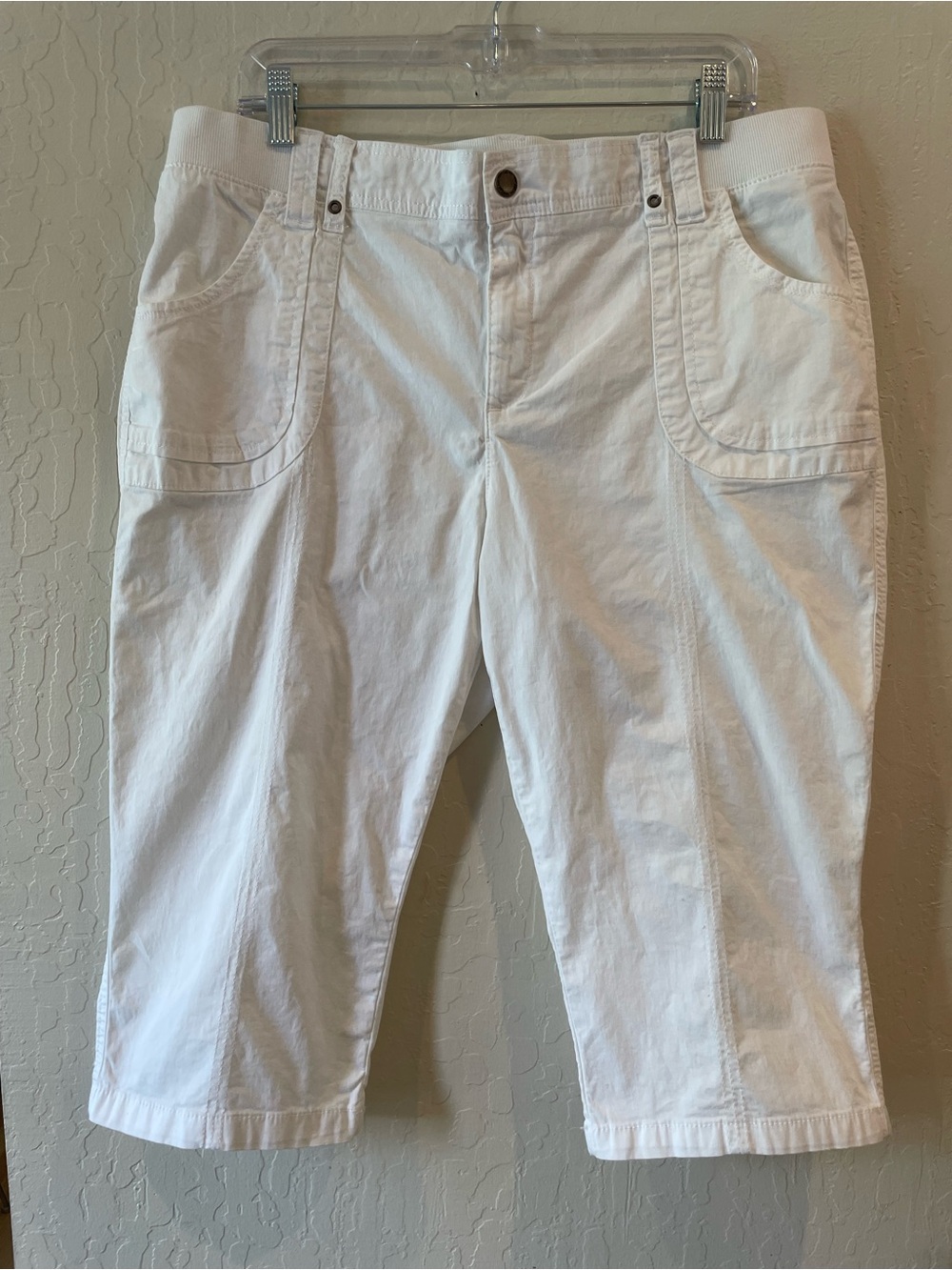 Lee Relaxed Fit White Capri Pants Elastic Waist Stretch Cotton Size 16 Medium